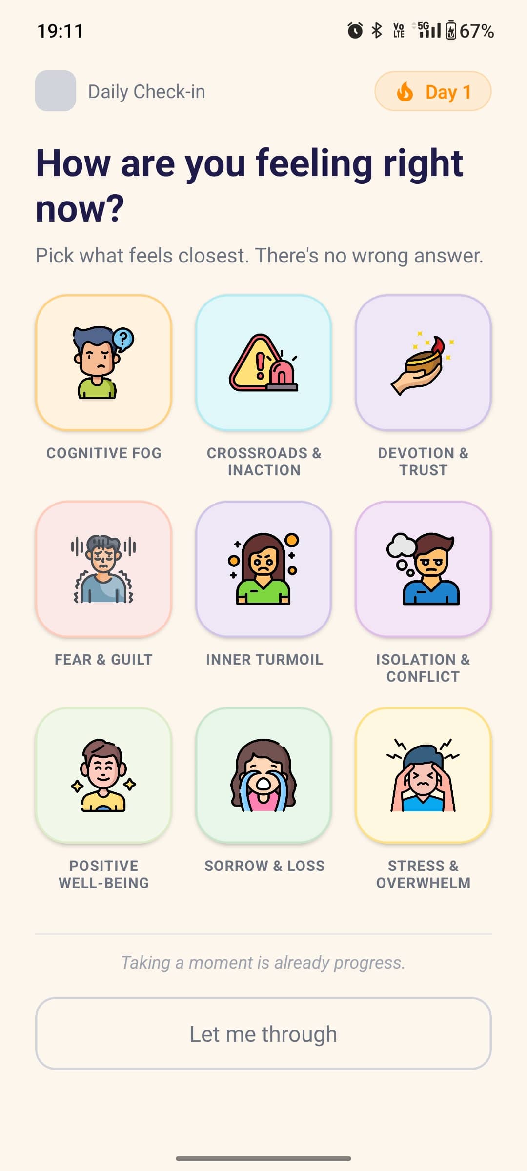 Gita Guide emotion selector — choose from 9 emotions to get a matched Gita verse